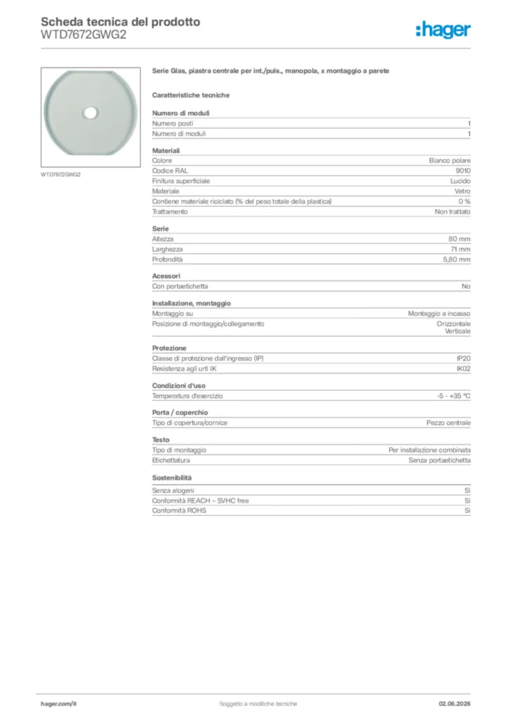 Immagine Hager Scheda tecnica del prodotto WTD7672GWG2 | Hager Italia