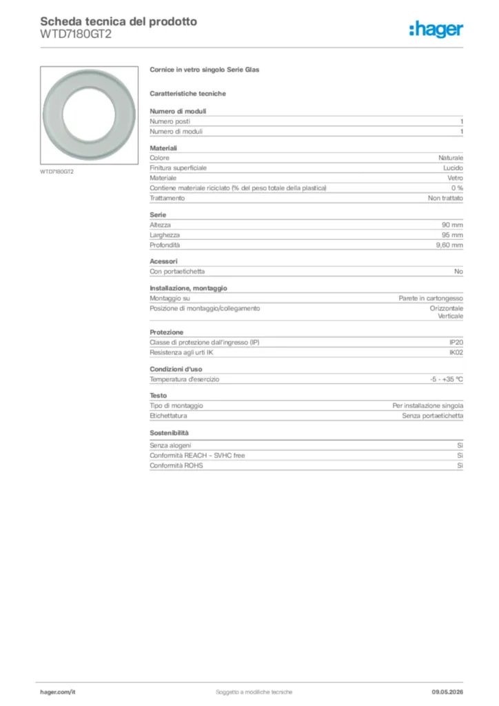Immagine Hager Scheda tecnica del prodotto WTD7180GT2 | Hager Italia