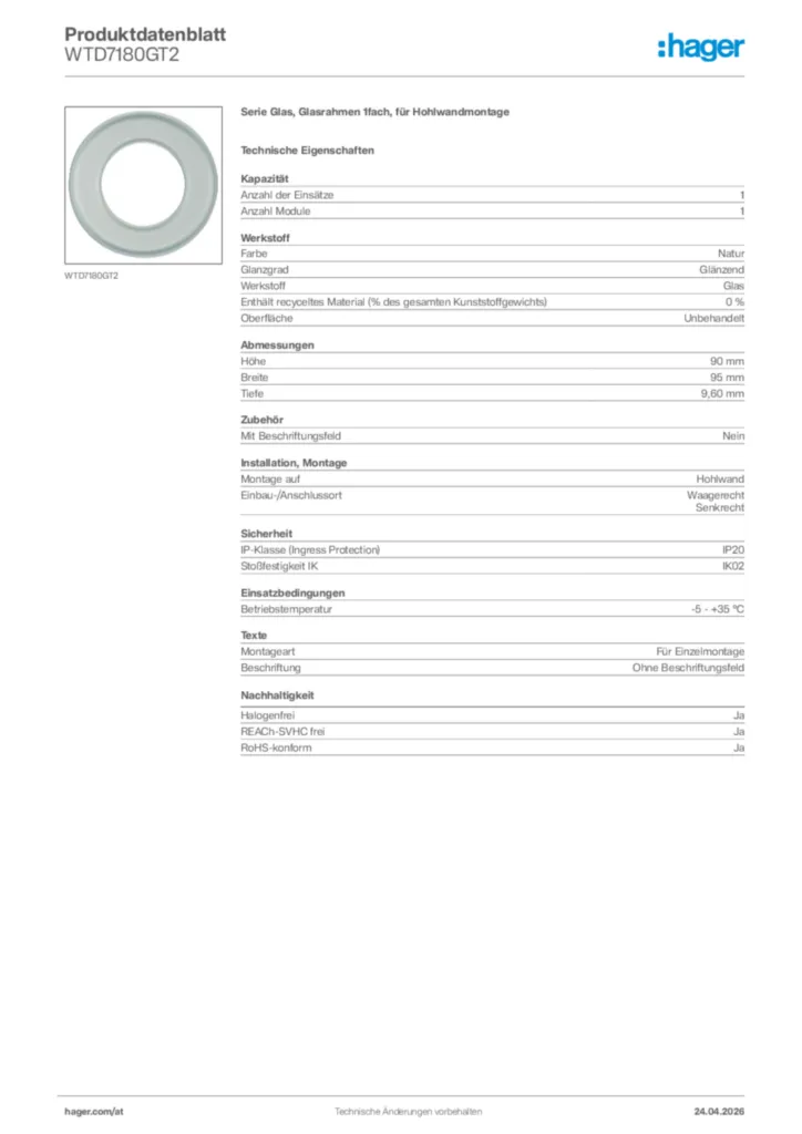 Bild Hager Produktdatenblatt WTD7180GT2 | Hager Deutschland
