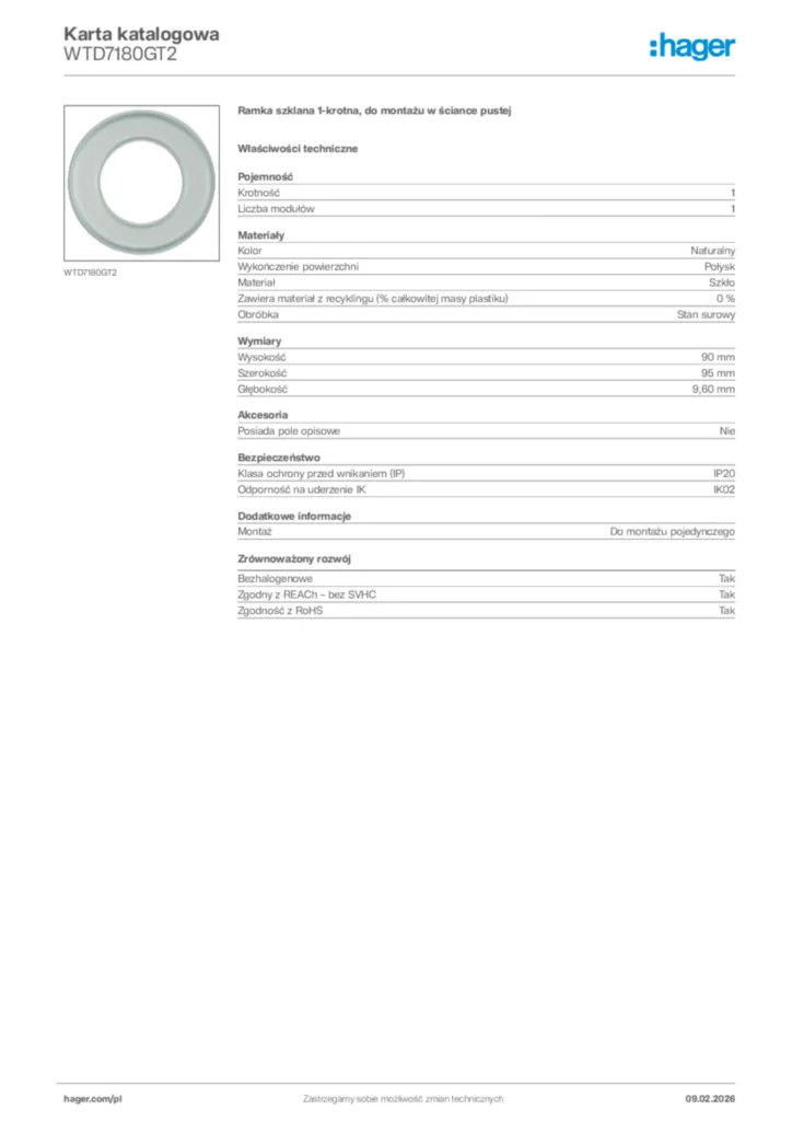 Zdjęcie Hager Karta katalogowa WTD7180GT2 | Hager Polska