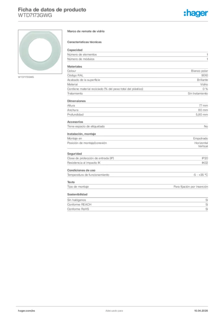 Imagen Hager Ficha de datos de producto WTD7173GWG | Hager España