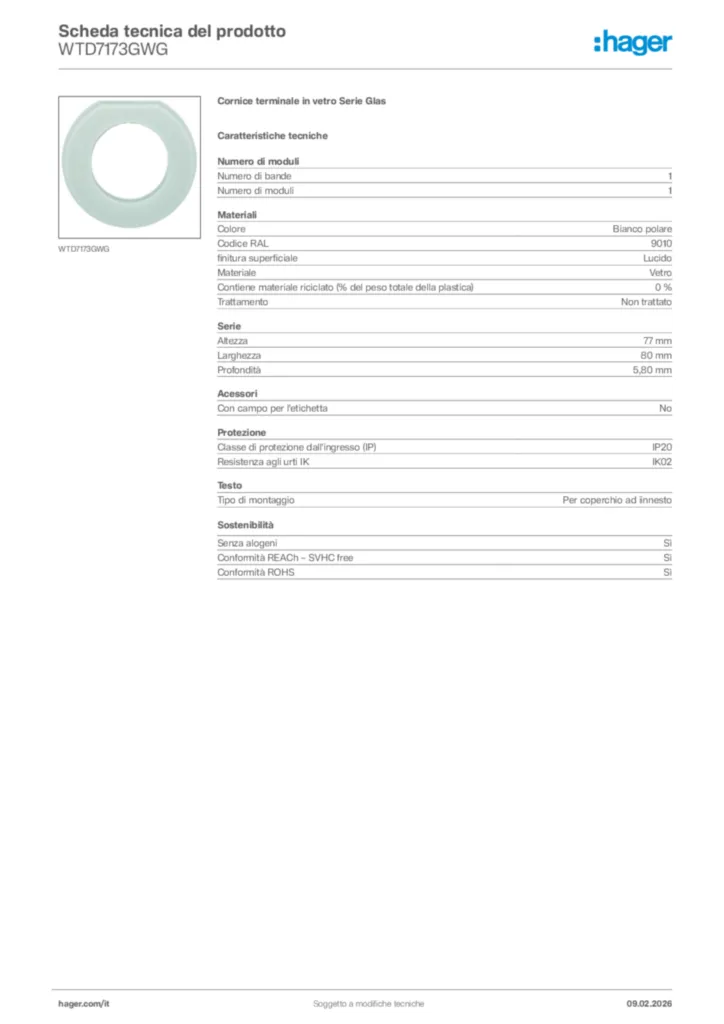 Immagine Hager Scheda tecnica del prodotto WTD7173GWG | Hager Italia