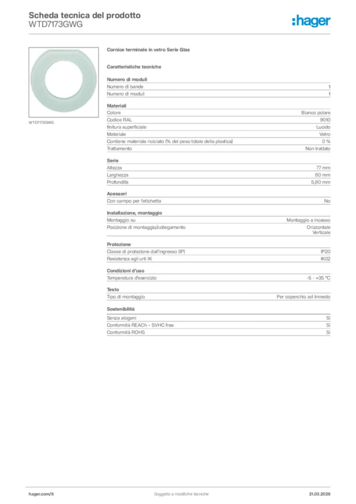 Immagine Hager Scheda tecnica del prodotto WTD7173GWG | Hager Italia