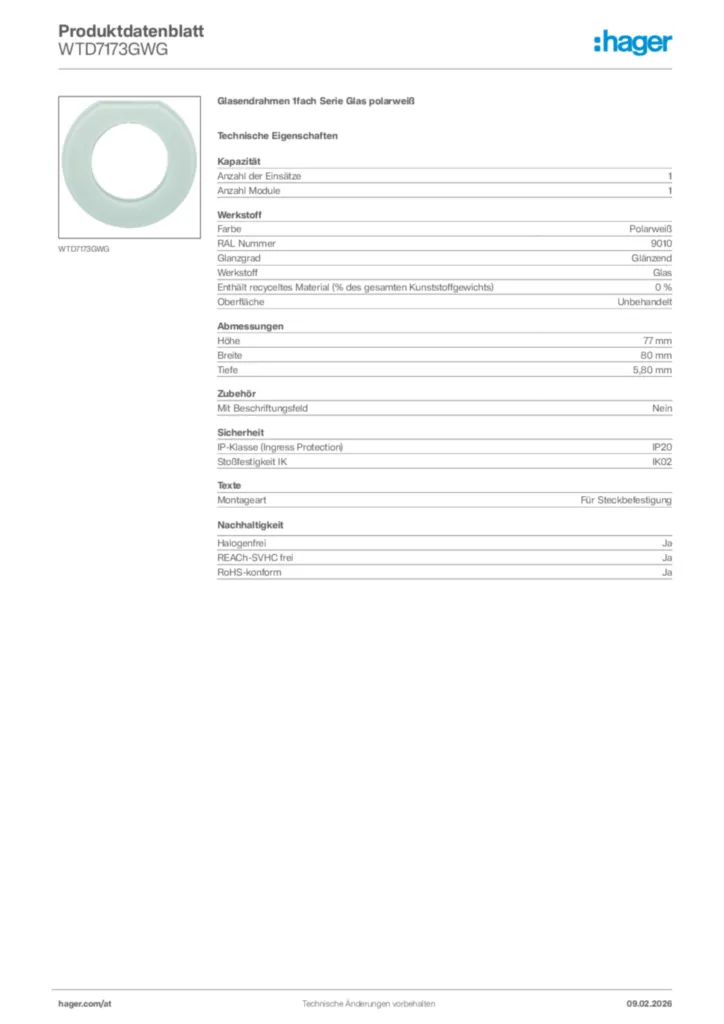 Bild Hager Produktdatenblatt WTD7173GWG | Hager Deutschland