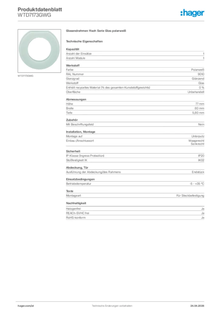 Bild Hager Produktdatenblatt WTD7173GWG | Hager Deutschland