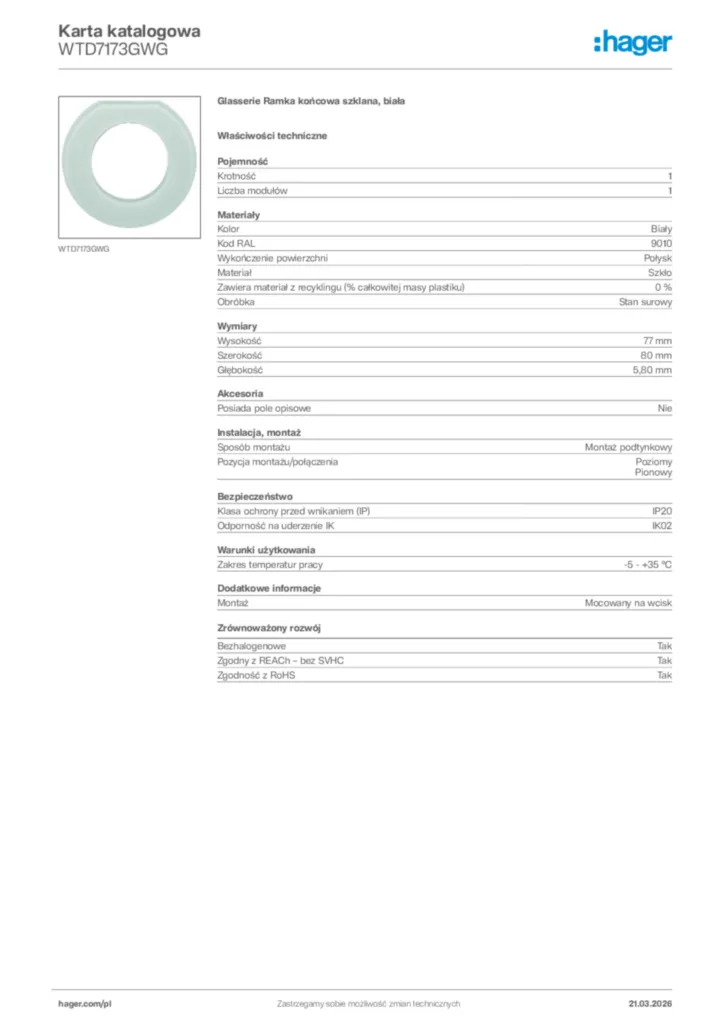 Zdjęcie Hager Karta katalogowa WTD7173GWG | Hager Polska