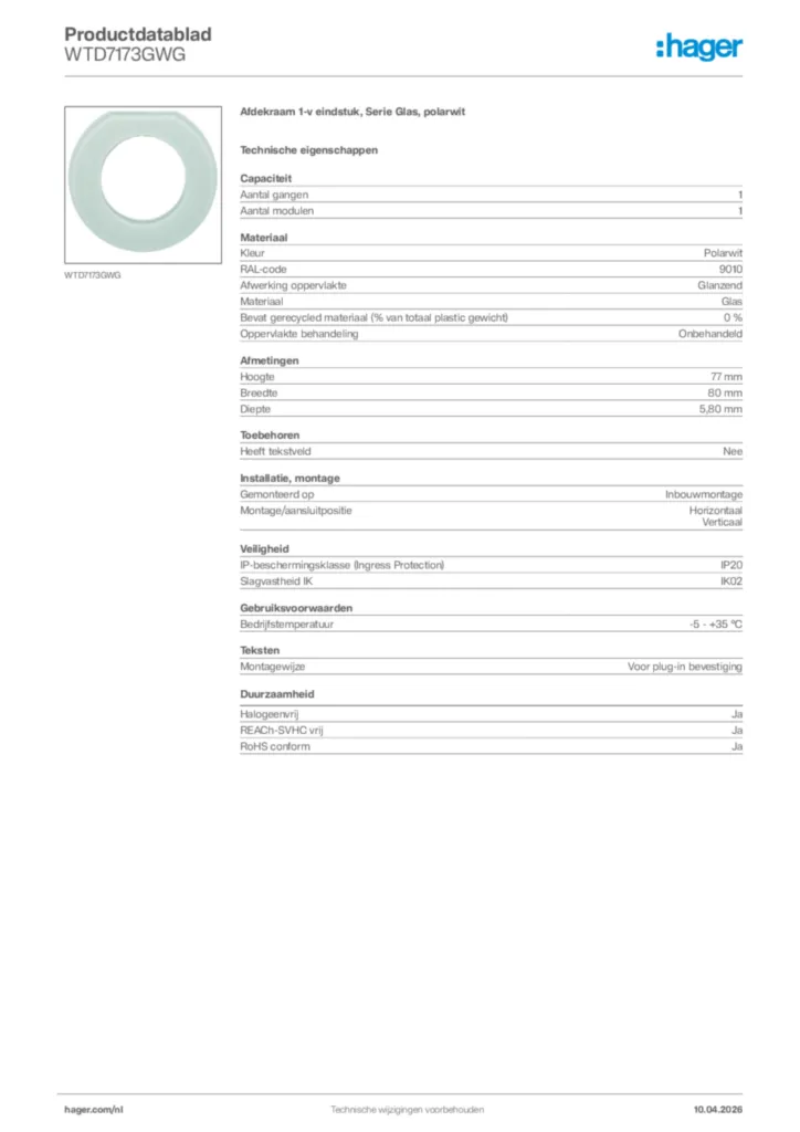 Afbeelding Hager Productdatablad WTD7173GWG | Hager Nederland