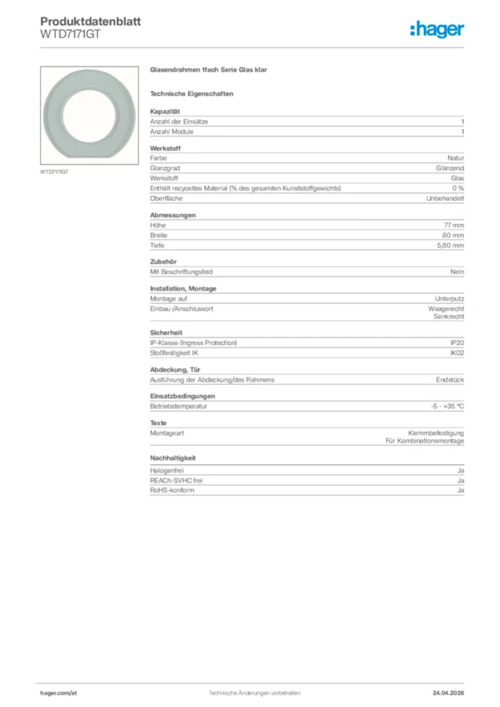 Bild Hager Produktdatenblatt WTD7171GT | Hager Deutschland