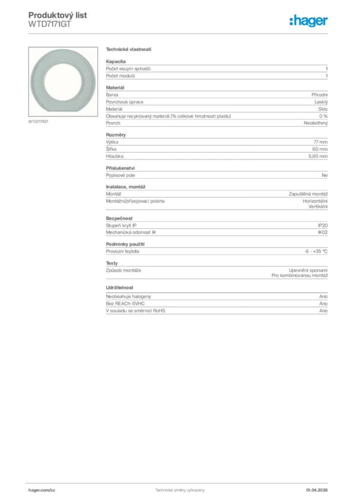 Obrázek Hager Product data sheet WTD7171GT | Hager