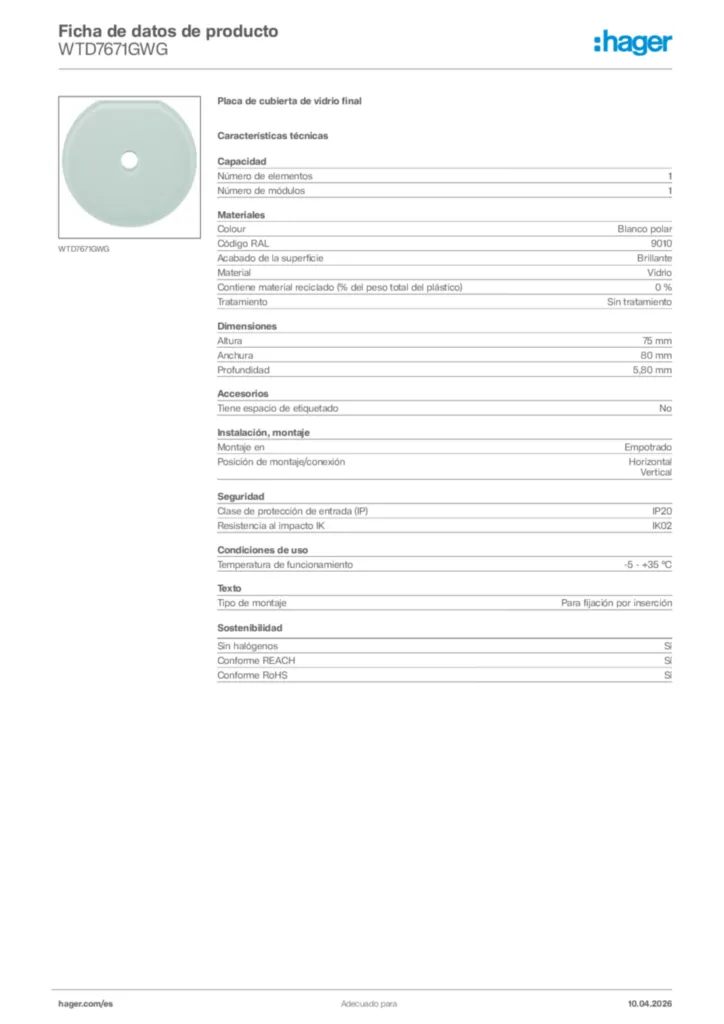 Imagen Hager Ficha de datos de producto WTD7671GWG | Hager España
