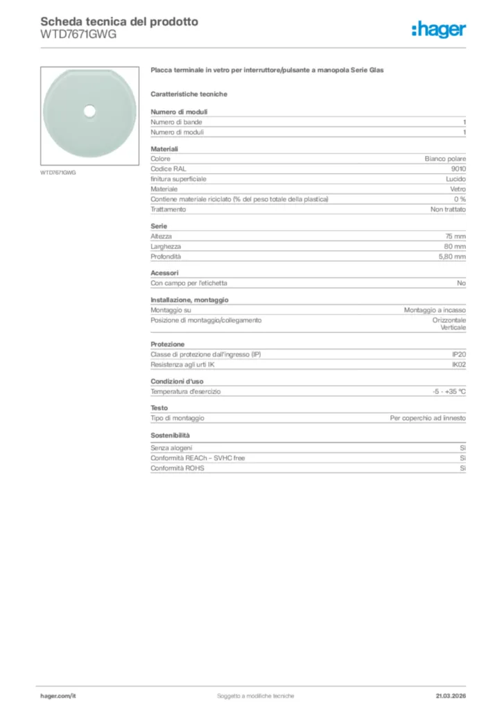 Immagine Hager Scheda tecnica del prodotto WTD7671GWG | Hager Italia