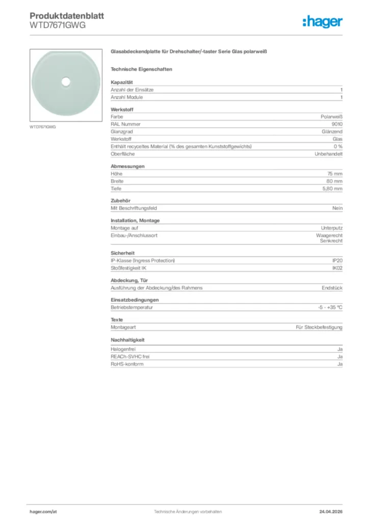 Bild Hager Produktdatenblatt WTD7671GWG | Hager Deutschland