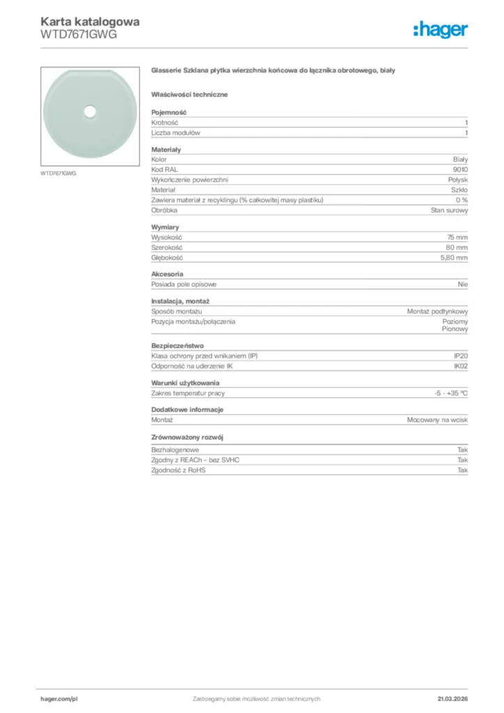 Zdjęcie Hager Karta katalogowa WTD7671GWG | Hager Polska