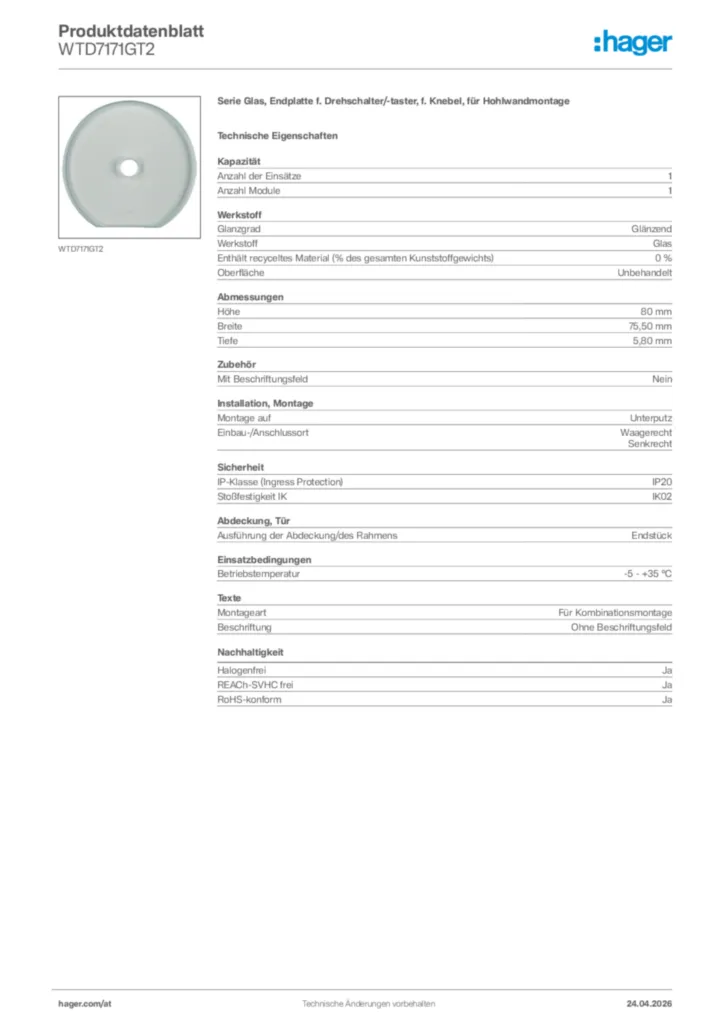 Bild Hager Produktdatenblatt WTD7171GT2 | Hager Deutschland