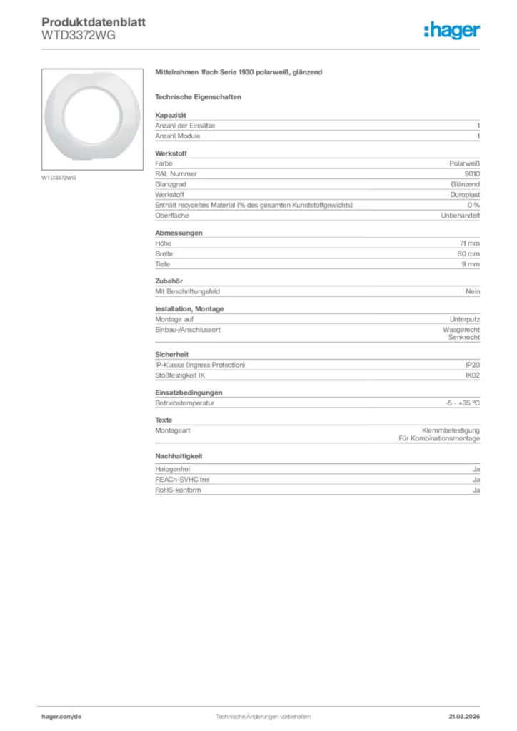 Bild Hager Produktdatenblatt WTD3372WG | Hager Deutschland