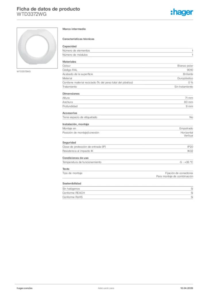 Imagen Hager Ficha de datos de producto WTD3372WG | Hager España