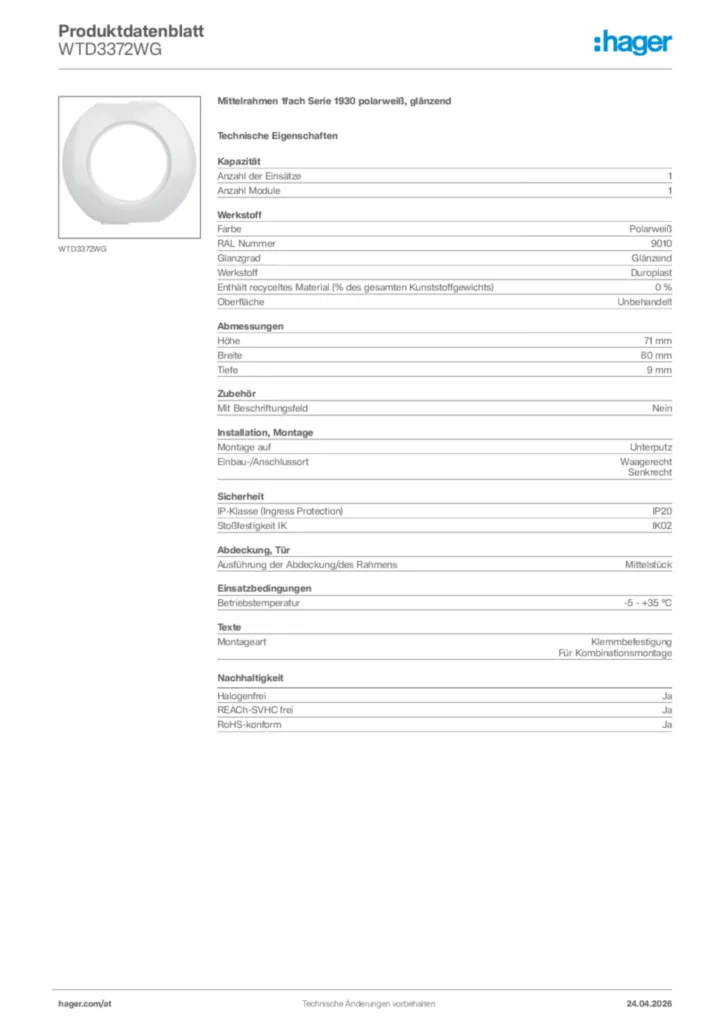 Bild Hager Produktdatenblatt WTD3372WG | Hager Deutschland