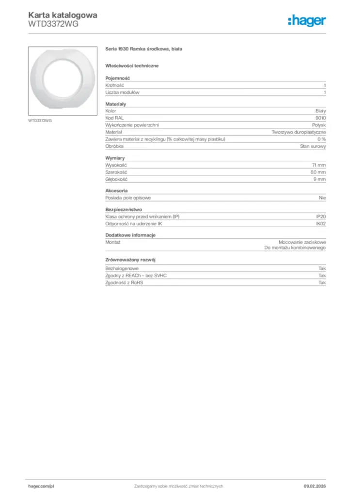 Zdjęcie Hager Karta katalogowa WTD3372WG | Hager Polska