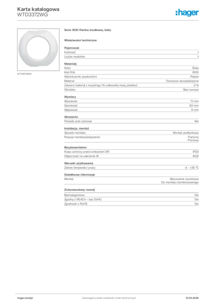 Zdjęcie Hager Karta katalogowa WTD3372WG | Hager Polska