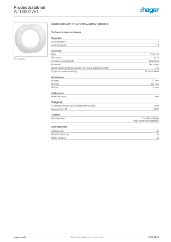 Afbeelding Hager Productdatablad WTD3372WG | Hager Nederland