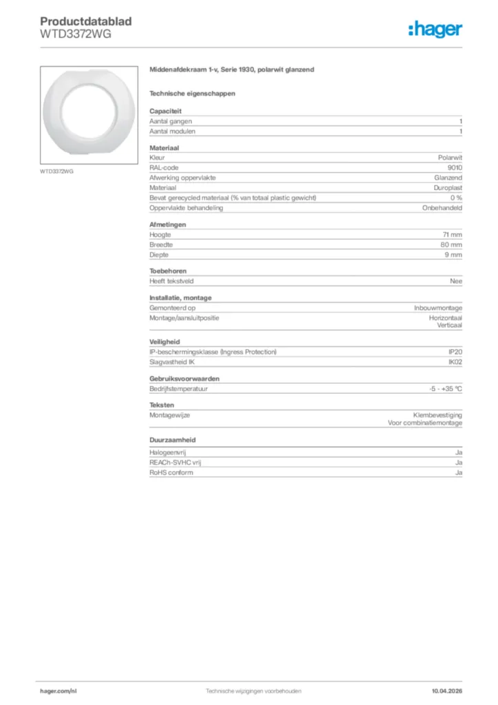 Afbeelding Hager Productdatablad WTD3372WG | Hager Nederland