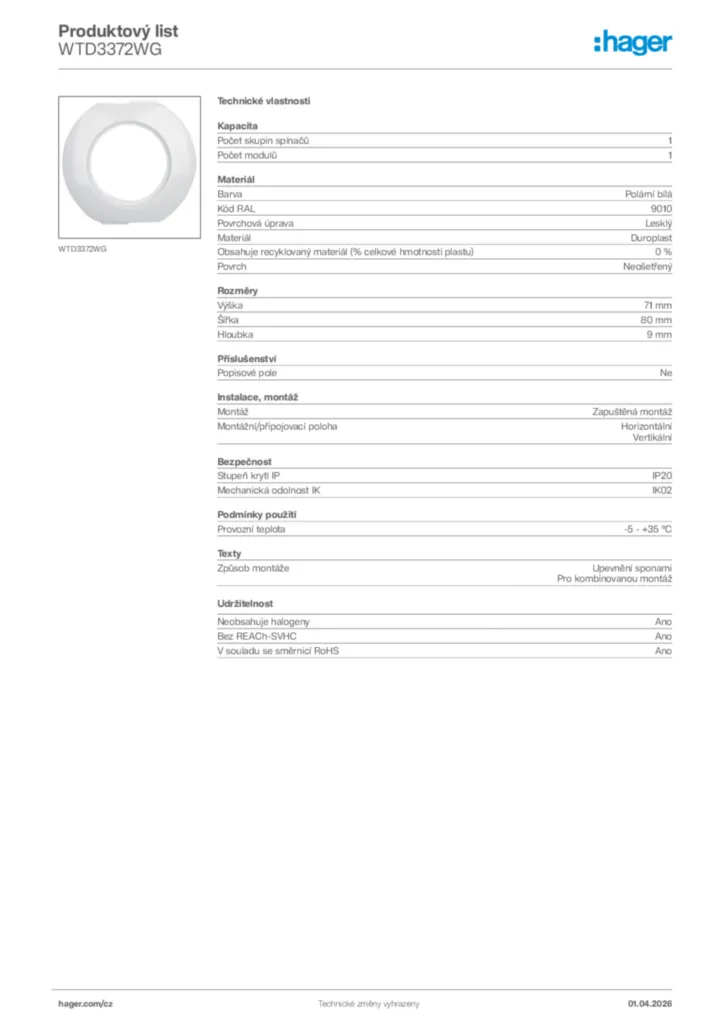 Obrázek Hager Product data sheet WTD3372WG | Hager