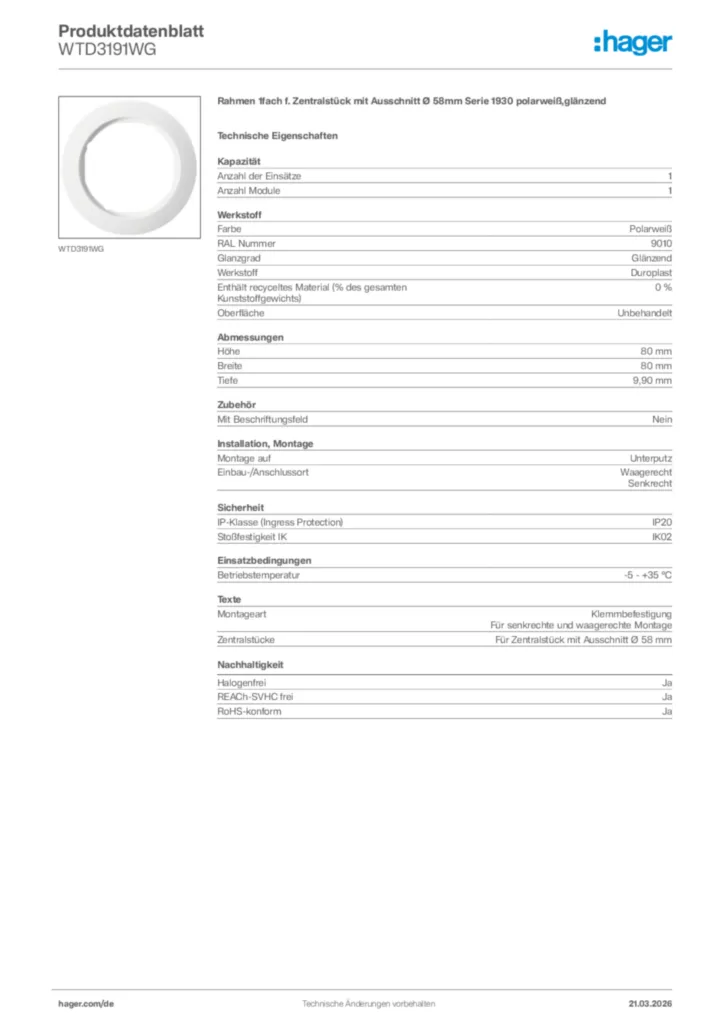 Bild Hager Produktdatenblatt WTD3191WG | Hager Deutschland