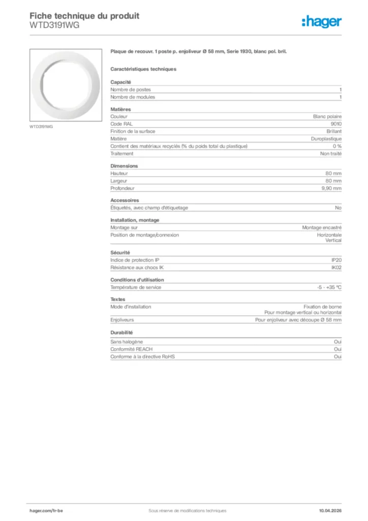 Image Hager Fiche technique du produit WTD3191WG | Hager Belgique
