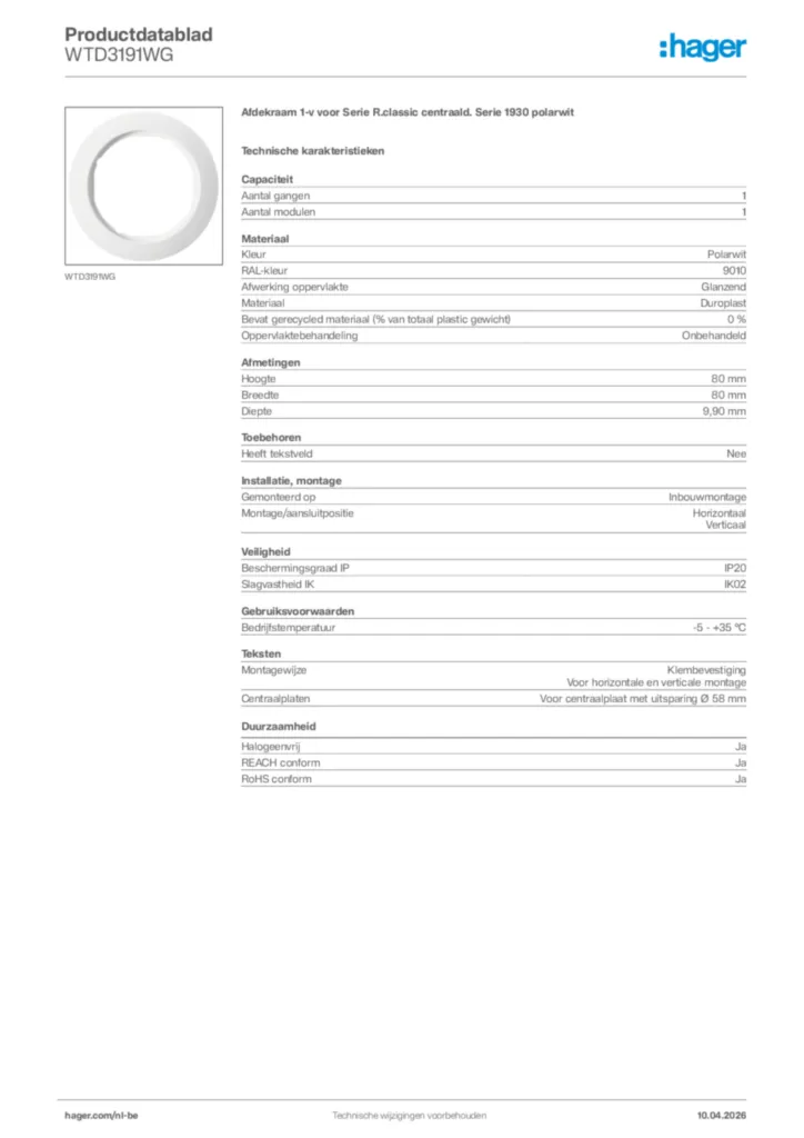 Afbeelding Hager Productdatablad WTD3191WG | Hager Belgium
