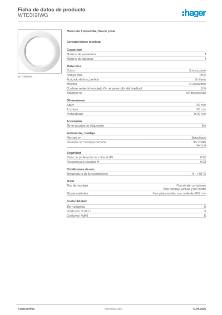 Imagen Hager Ficha de datos de producto WTD3191WG | Hager España