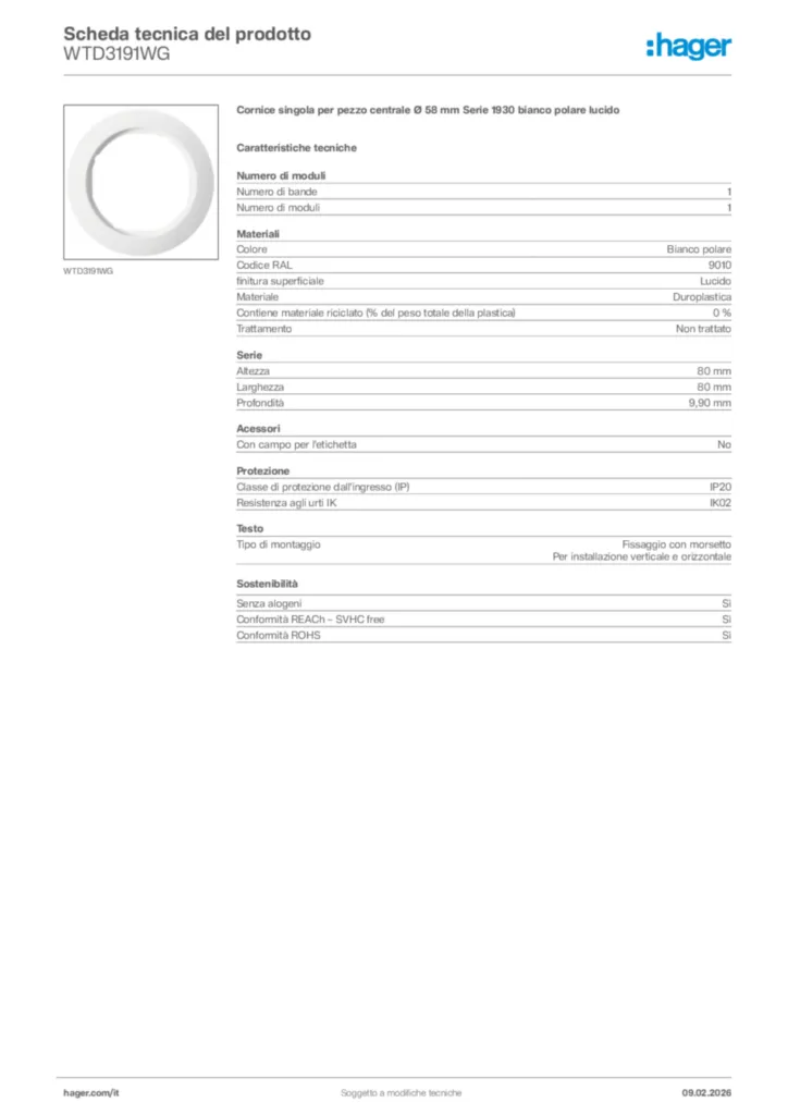 Immagine Hager Scheda tecnica del prodotto WTD3191WG | Hager Italia