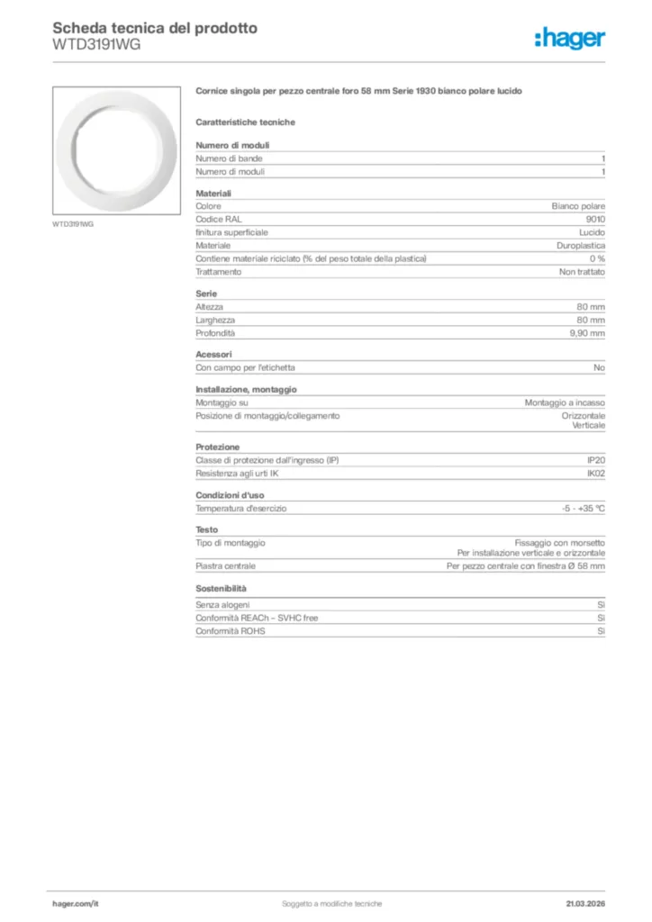 Immagine Hager Scheda tecnica del prodotto WTD3191WG | Hager Italia