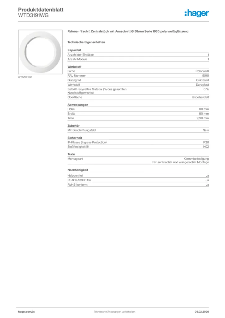 Bild Hager Produktdatenblatt WTD3191WG | Hager Deutschland