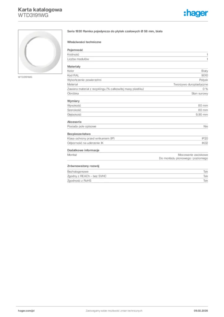 Zdjęcie Hager Karta katalogowa WTD3191WG | Hager Polska