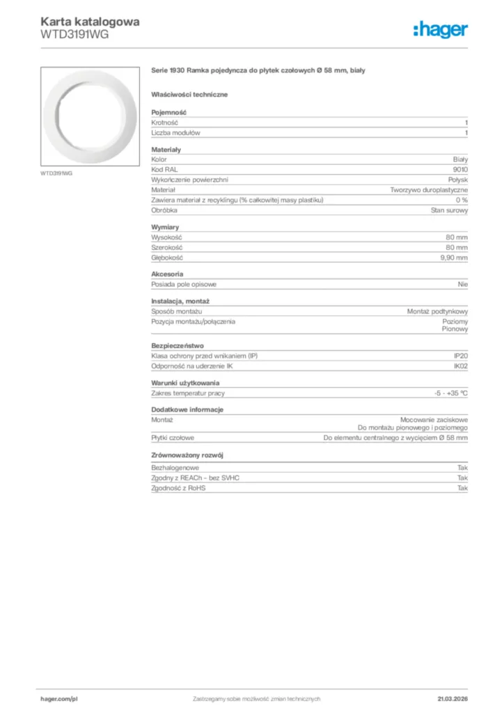 Zdjęcie Hager Karta katalogowa WTD3191WG | Hager Polska