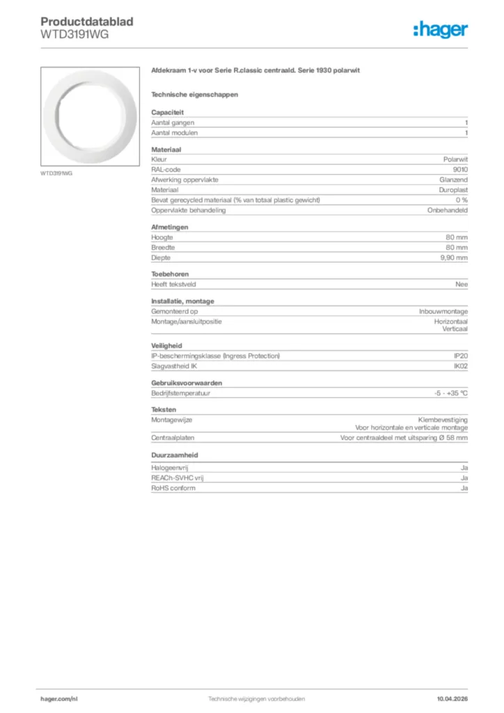 Afbeelding Hager Productdatablad WTD3191WG | Hager Nederland