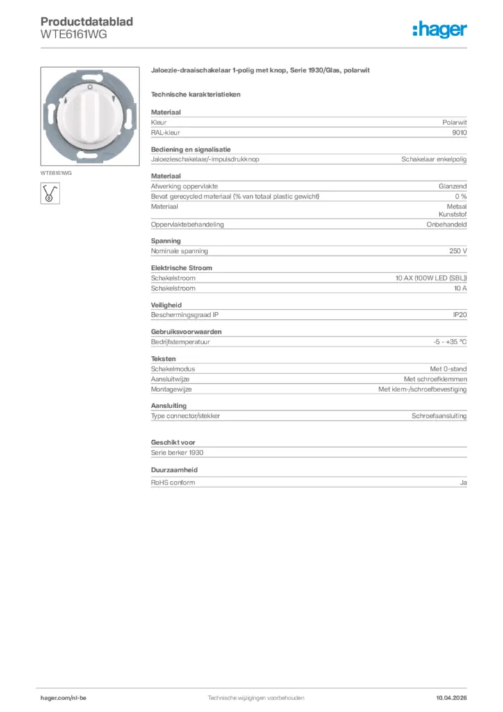 Afbeelding Hager Productdatablad WTE6161WG | Hager Belgium