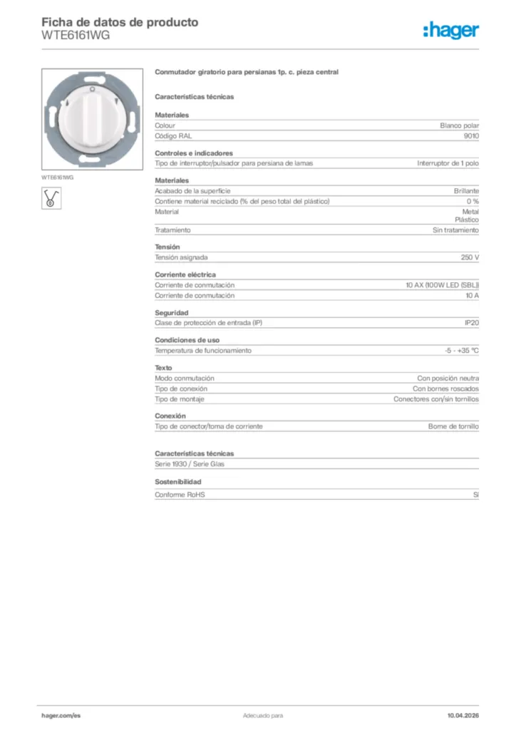 Imagen Hager Ficha de datos de producto WTE6161WG | Hager España