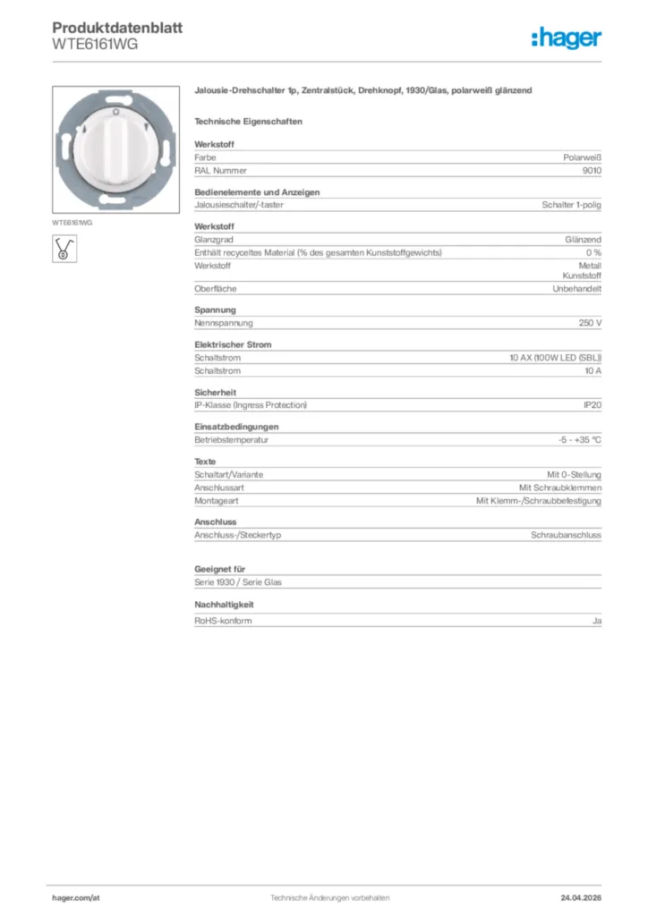 Bild Hager Produktdatenblatt WTE6161WG | Hager Deutschland