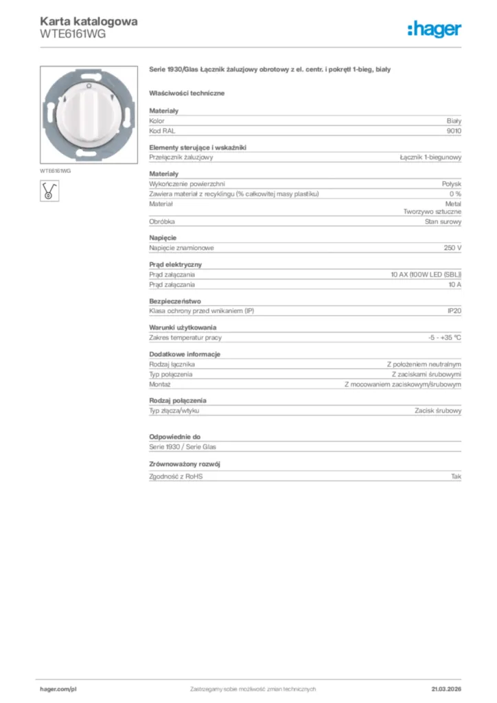 Zdjęcie Hager Karta katalogowa WTE6161WG | Hager Polska