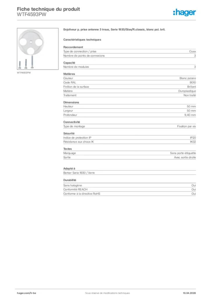 Image Hager Fiche technique du produit WTF4593PW | Hager Belgique