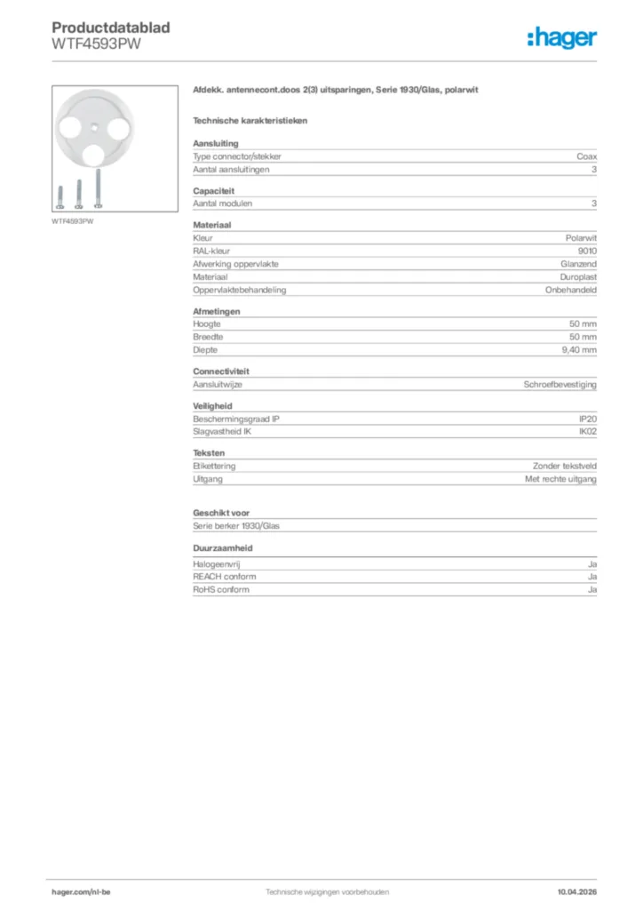 Afbeelding Hager Productdatablad WTF4593PW | Hager Belgium