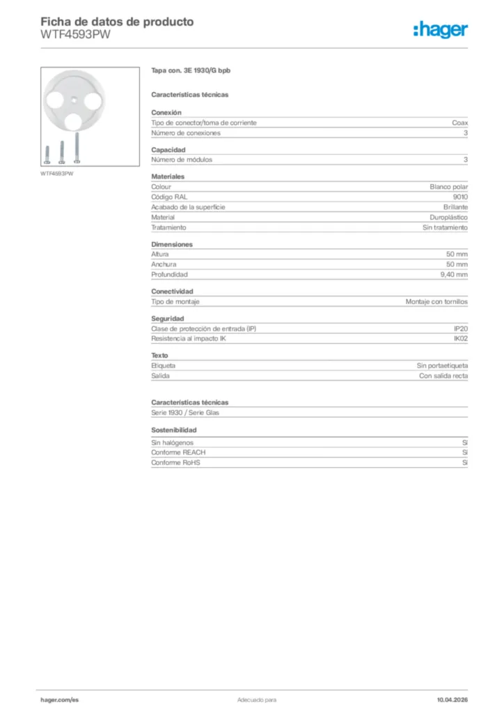 Imagen Hager Ficha de datos de producto WTF4593PW | Hager España