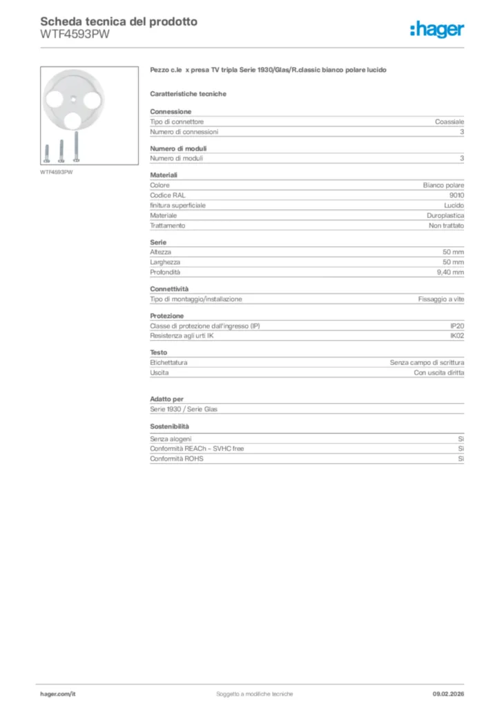 Immagine Hager Scheda tecnica del prodotto WTF4593PW | Hager Italia