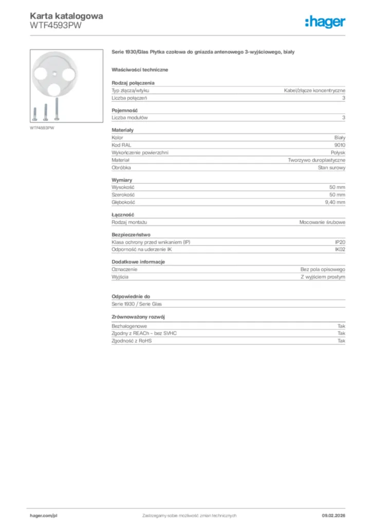 Zdjęcie Hager Karta katalogowa WTF4593PW | Hager Polska