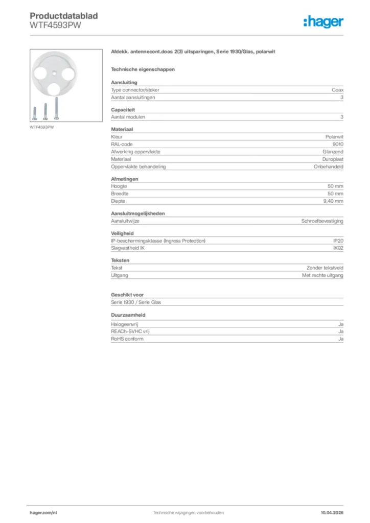 Afbeelding Hager Productdatablad WTF4593PW | Hager Nederland