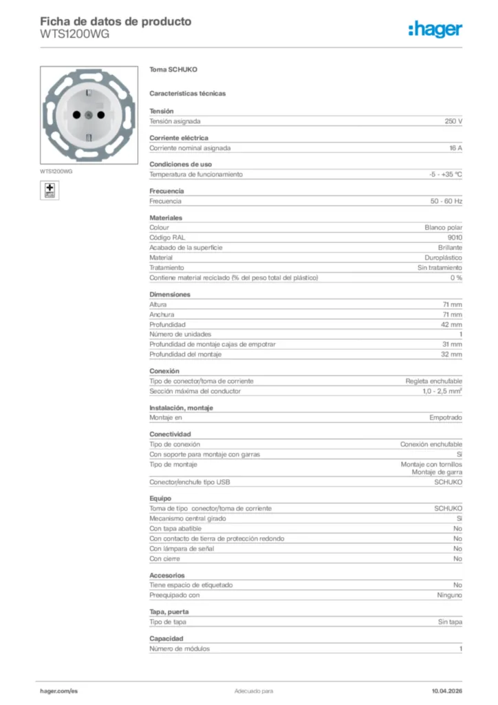 Imagen Hager Ficha de datos de producto WTS1200WG | Hager España