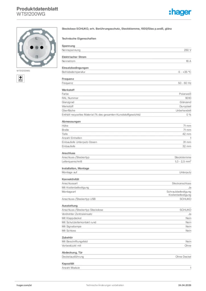 Bild Hager Produktdatenblatt WTS1200WG | Hager Deutschland