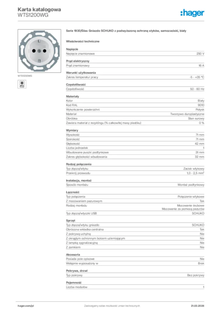 Zdjęcie Hager Karta katalogowa WTS1200WG | Hager Polska