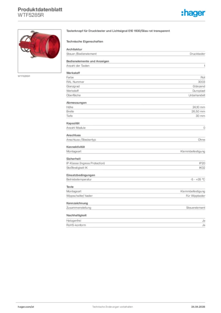 Bild Hager Produktdatenblatt WTF5285R | Hager Deutschland